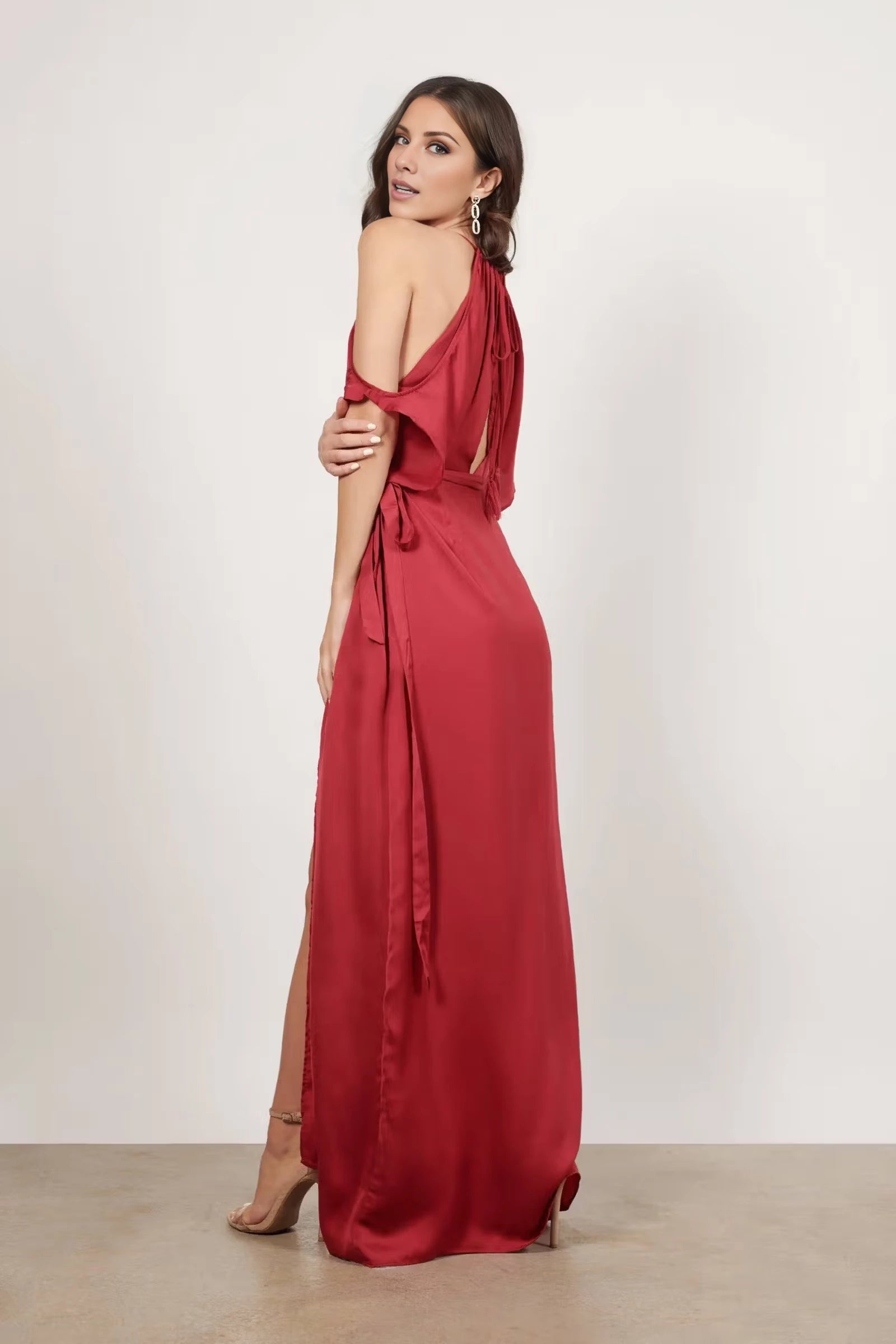 V-neck off shoulder short sleeved off back side slit and floor length Prom dress